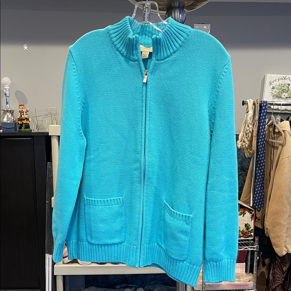 Appleseed’s Turquoise Zip Up Cardigan Sweater Size L 100% Cotton Knit